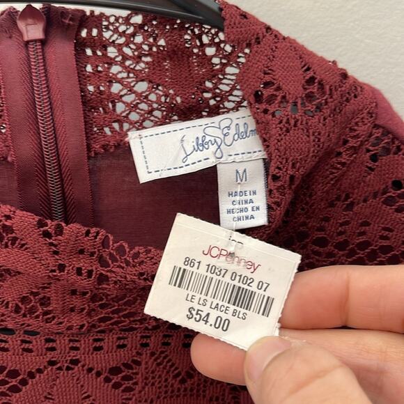 LIBBY EDELMAN Burgundy Lace Overlay Lined Long Sleeve Top Size Medium - Picture 5 of 10